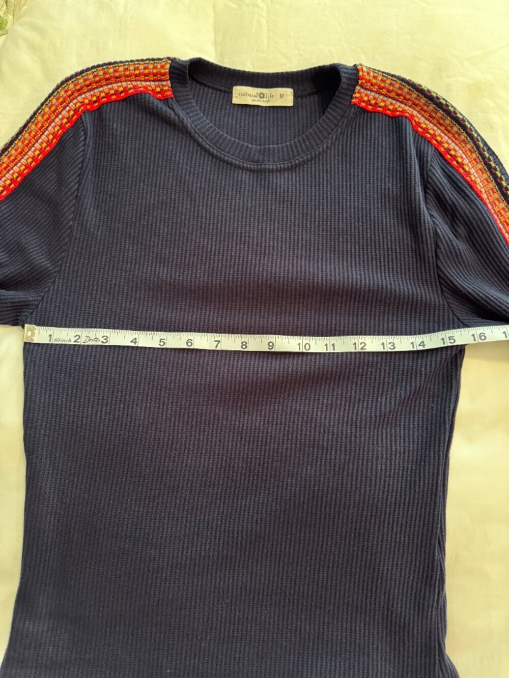 Natural Life Navy Waffle Knit Embroidered Sleeve Top Boho Medium - Picture 6 of 7